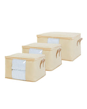 Ocean Home Textile Storage Bag With Clear Window, Set Of 3, Herringbone Pattern, Beige