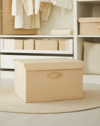 Ocean Home Textile Storage Box With Lid, Herringbone Pattern, Beige