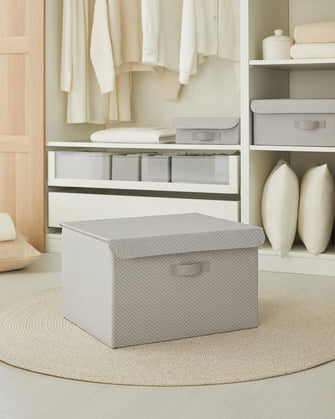 Ocean Home Textile Storage Box With Lid, Herringbone Pattern, Grey