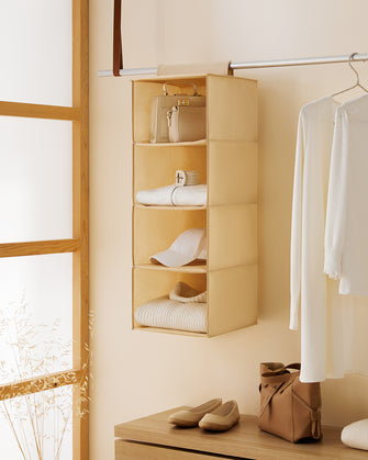 Ocean Home Textile Hanging Storage With 4 Shelves, Herringbone Pattern, Beige