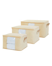 Ocean Home Textile Storage Bag With Clear Window, Set Of 3, Herringbone Pattern, Beige